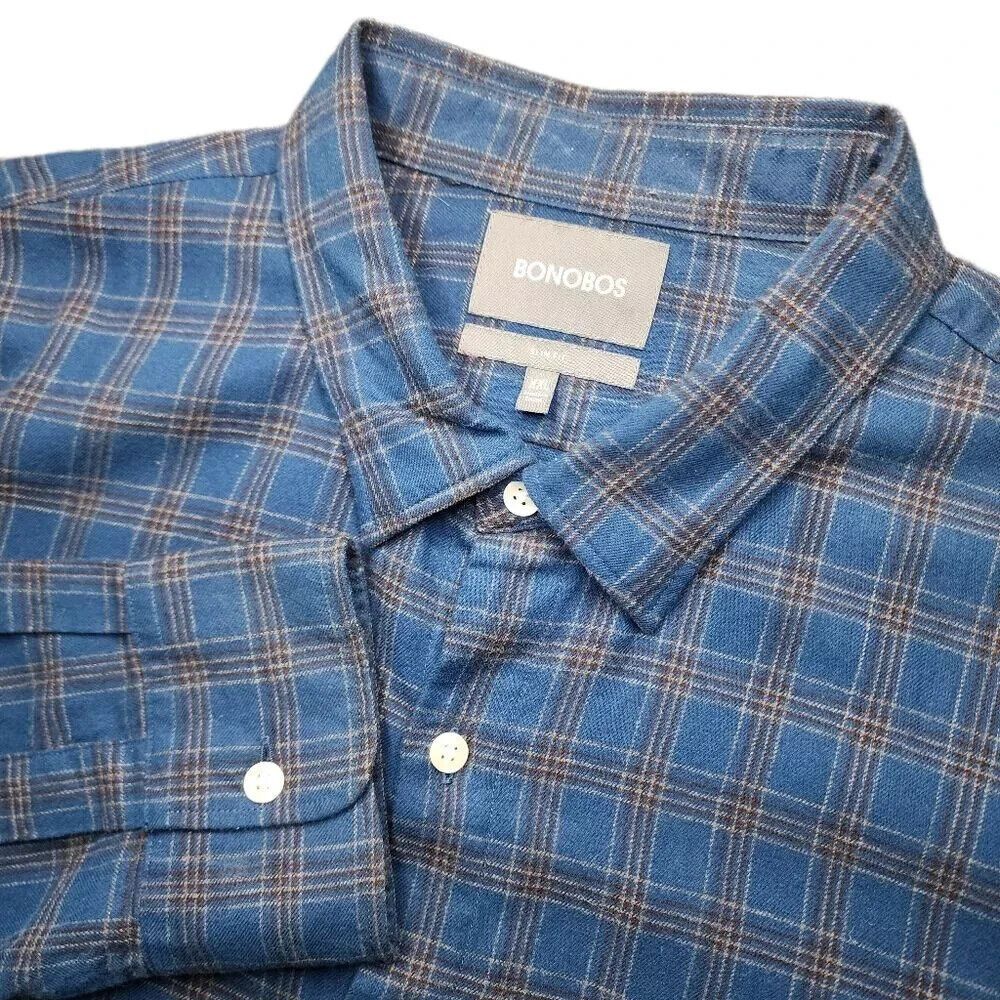 Bonobos Mens XXL Blue & Brown Plaid Long Sleeve Flannel Button Up Shirt